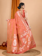 Dwija Fashion Peach Party Wear Banarsi Silk With Jari Weaving Work Saree With Unstitched Blouse | Grocsy
