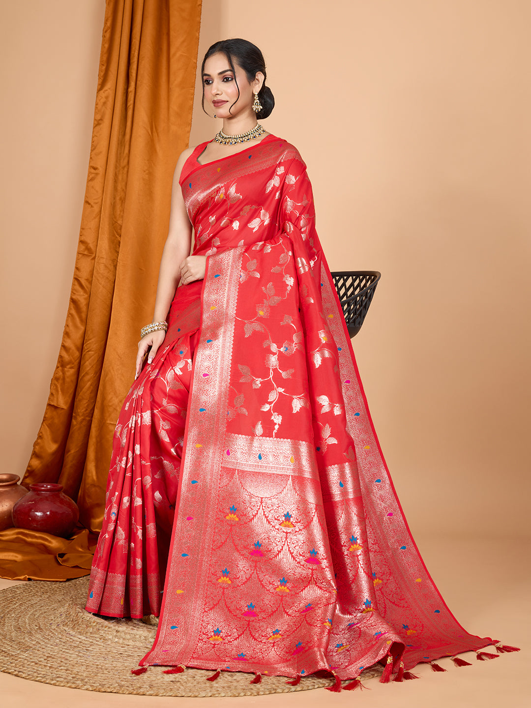 Dwija Fashion Red Party Wear Banarsi Silk With Jari Weaving Work Saree With Unstitched Blouse | Grocsy
