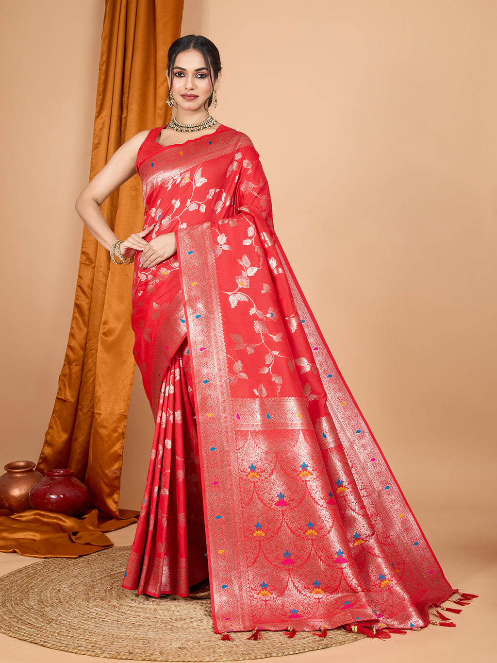 Dwija Fashion Red Party Wear Banarsi Silk With Jari Weaving Work Saree With Unstitched Blouse | Grocsy