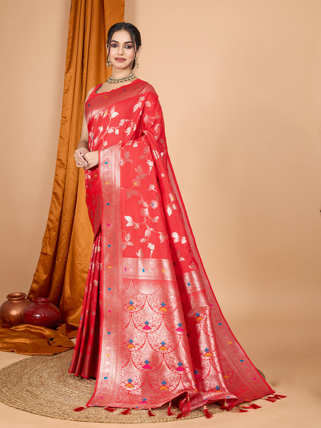 Dwija Fashion Red Party Wear Banarsi Silk With Jari Weaving Work Saree With Unstitched Blouse | Grocsy