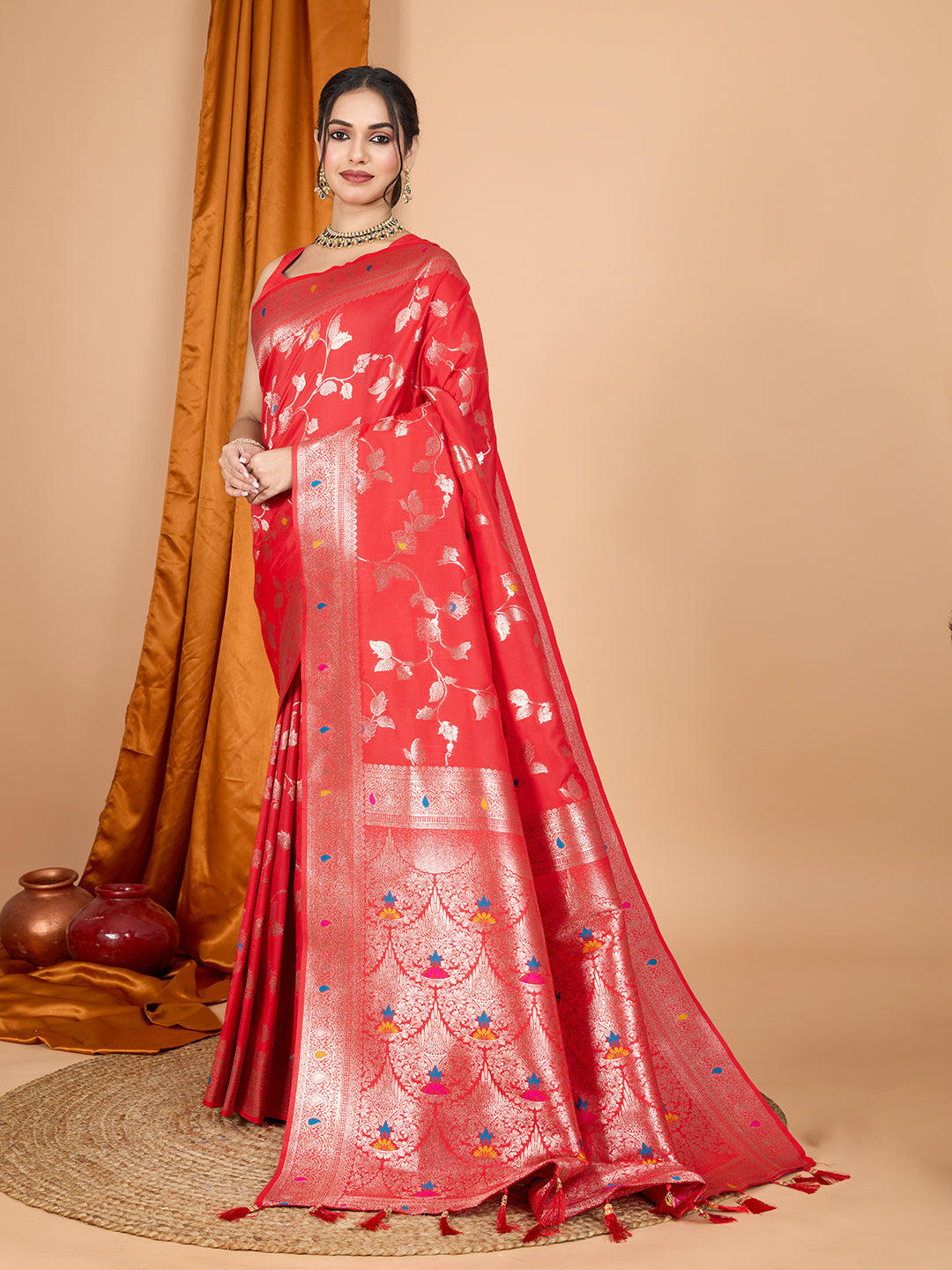 Dwija Fashion Red Party Wear Banarsi Silk With Jari Weaving Work Saree With Unstitched Blouse | Grocsy