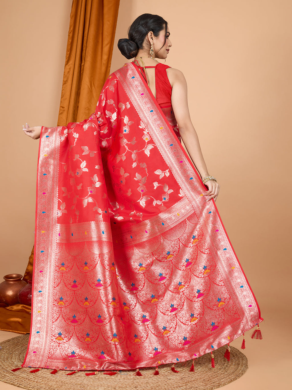 Dwija Fashion Red Party Wear Banarsi Silk With Jari Weaving Work Saree With Unstitched Blouse | Grocsy