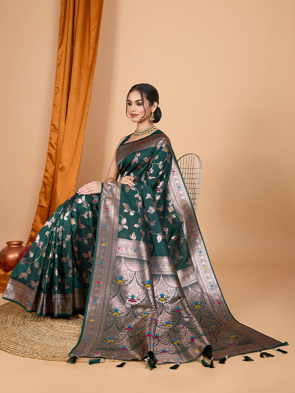 Dwija Fashion Green Party Wear Banarsi Silk With Jari Weaving Work Saree With Unstitched Blouse | Grocsy