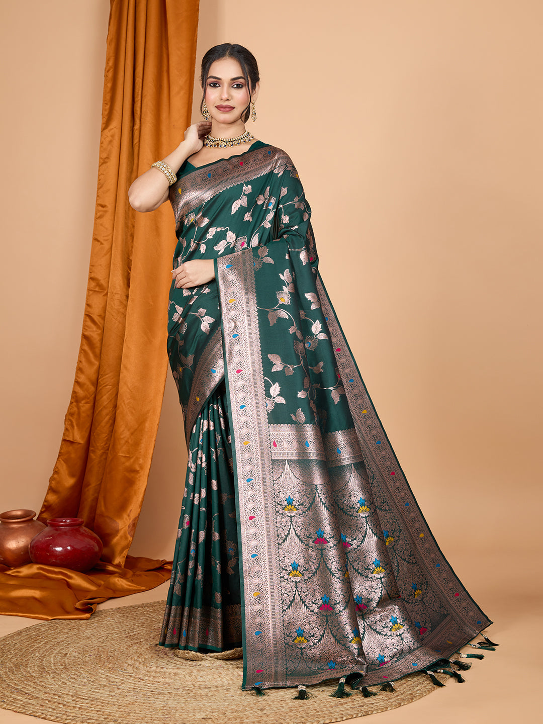 Dwija Fashion Green Party Wear Banarsi Silk With Jari Weaving Work Saree With Unstitched Blouse | Grocsy
