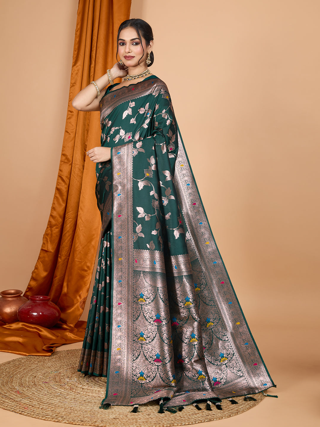 Dwija Fashion Green Party Wear Banarsi Silk With Jari Weaving Work Saree With Unstitched Blouse | Grocsy