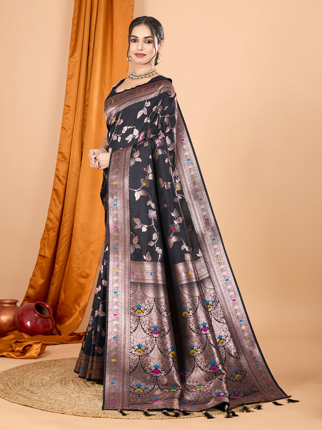 Dwija Fashion Black Party Wear Banarsi Silk With Jari Weaving Work Saree With Unstitched Blouse | Grocsy