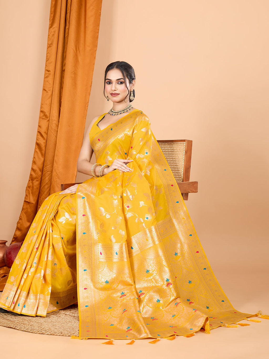 Dwija Fashion Yellow Party Wear Banarsi Silk With Jari Weaving Work Saree With Unstitched Blouse | Grocsy