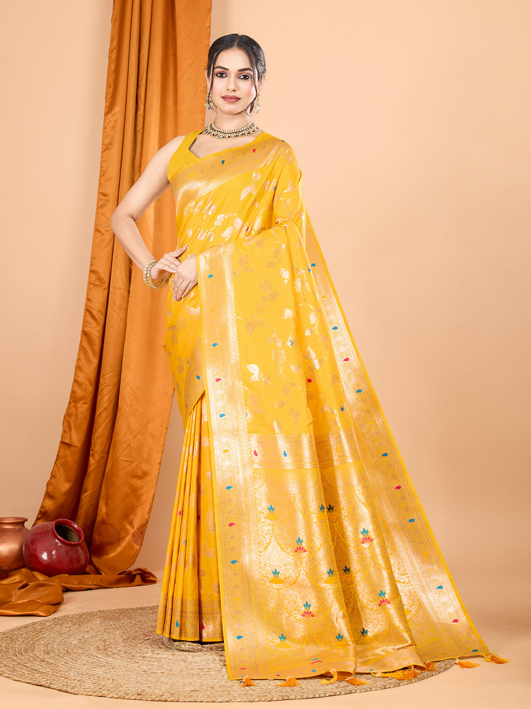 Dwija Fashion Yellow Party Wear Banarsi Silk With Jari Weaving Work Saree With Unstitched Blouse | Grocsy