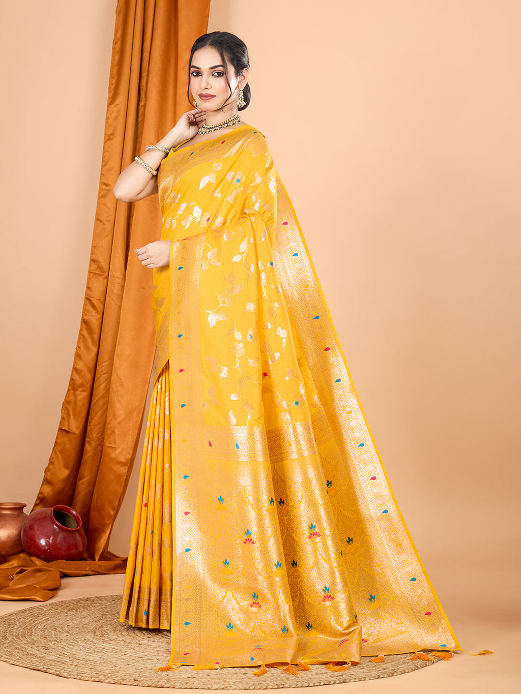 Dwija Fashion Yellow Party Wear Banarsi Silk With Jari Weaving Work Saree With Unstitched Blouse | Grocsy
