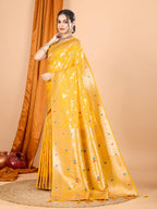 Dwija Fashion Yellow Party Wear Banarsi Silk With Jari Weaving Work Saree With Unstitched Blouse | Grocsy