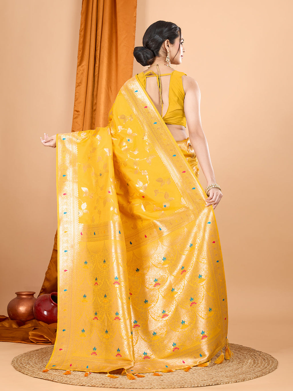Dwija Fashion Yellow Party Wear Banarsi Silk With Jari Weaving Work Saree With Unstitched Blouse | Grocsy