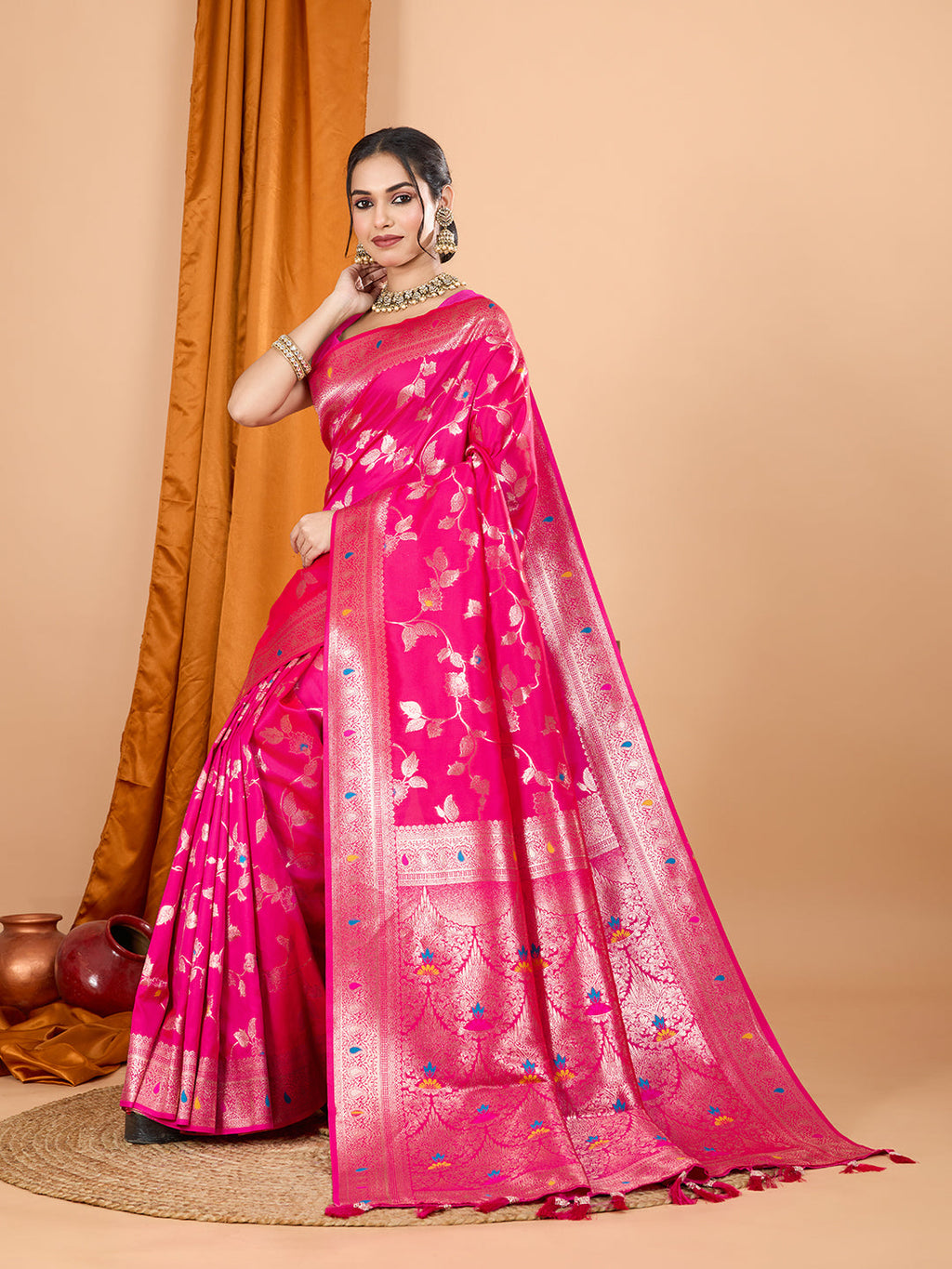 Dwija Fashion Pink Party Wear Banarsi Silk With Jari Weaving Work Saree With Unstitched Blouse | Grocsy