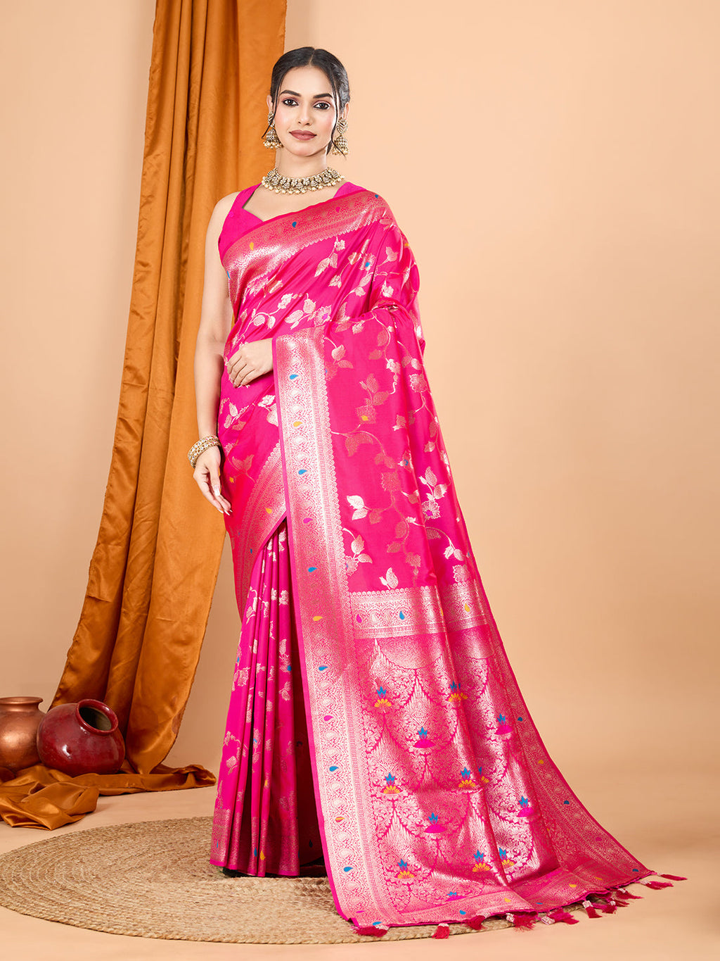 Dwija Fashion Pink Party Wear Banarsi Silk With Jari Weaving Work Saree With Unstitched Blouse | Grocsy