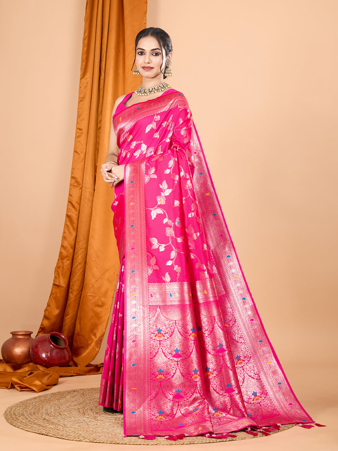 Dwija Fashion Pink Party Wear Banarsi Silk With Jari Weaving Work Saree With Unstitched Blouse | Grocsy