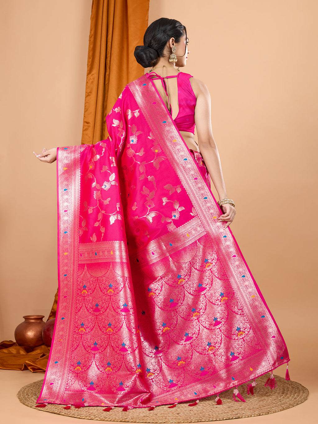Dwija Fashion Pink Party Wear Banarsi Silk With Jari Weaving Work Saree With Unstitched Blouse | Grocsy