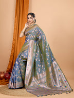 Dwija Fashion Blue Party Wear Banarsi Silk With Jari Weaving Work Saree With Unstitched Blouse | Grocsy