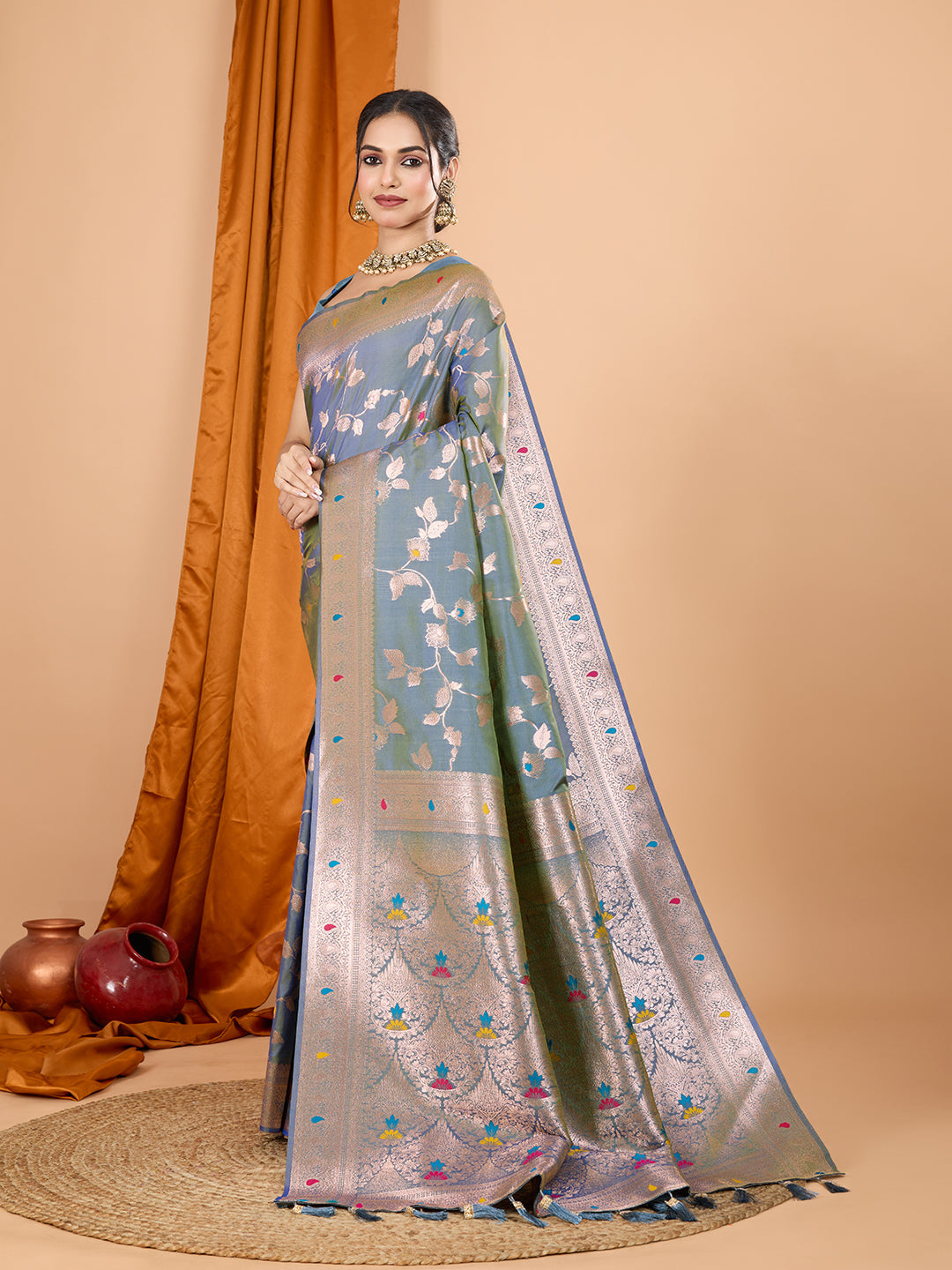 Dwija Fashion Blue Party Wear Banarsi Silk With Jari Weaving Work Saree With Unstitched Blouse | Grocsy