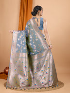 Dwija Fashion Blue Party Wear Banarsi Silk With Jari Weaving Work Saree With Unstitched Blouse | Grocsy