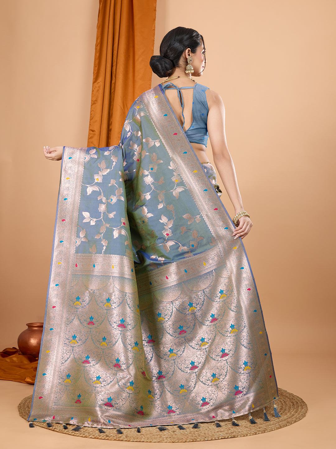 Dwija Fashion Blue Party Wear Banarsi Silk With Jari Weaving Work Saree With Unstitched Blouse | Grocsy