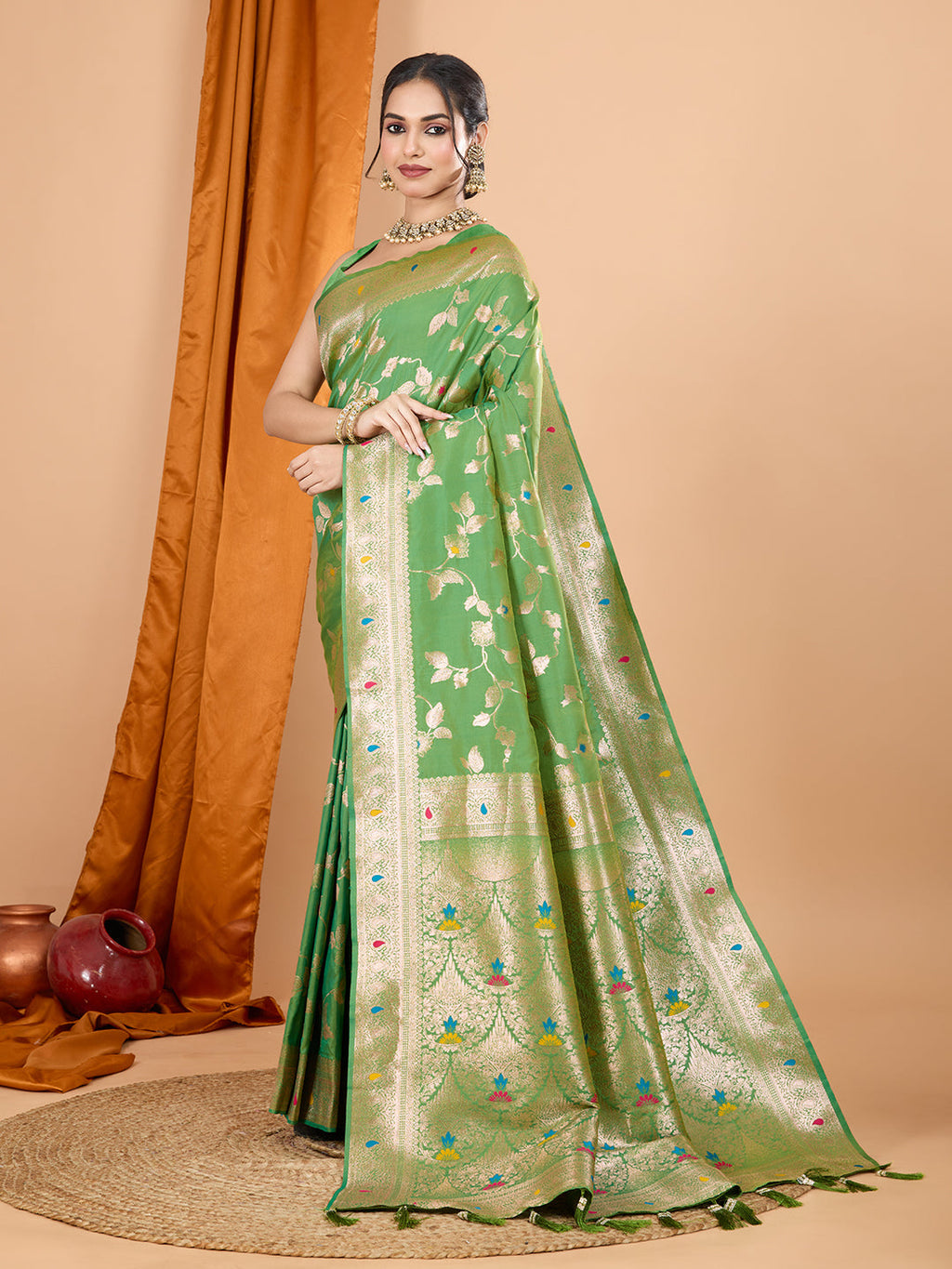Dwija Fashion Green Party Wear Banarsi Silk With Jari Weaving Work Saree With Unstitched Blouse | Grocsy