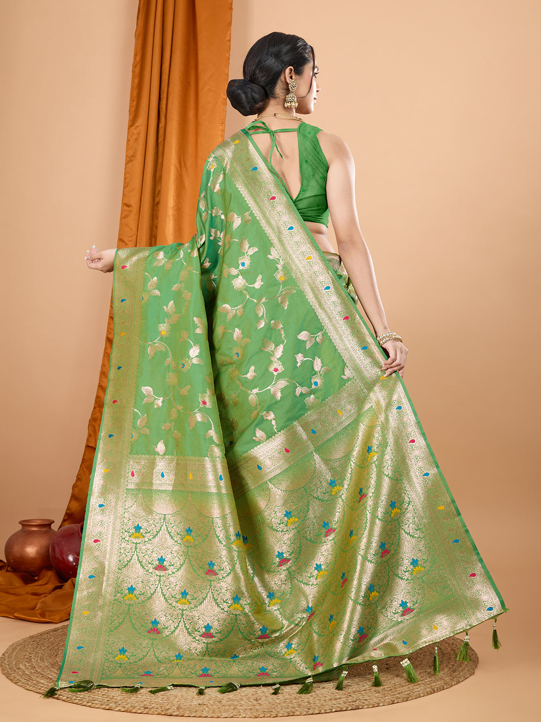 Dwija Fashion Green Party Wear Banarsi Silk With Jari Weaving Work Saree With Unstitched Blouse | Grocsy