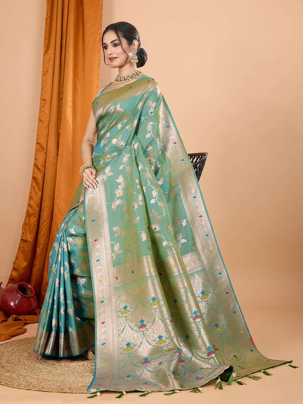 Dwija Fashion Green Party Wear Banarsi Silk With Jari Weaving Work Saree With Unstitched Blouse | Grocsy