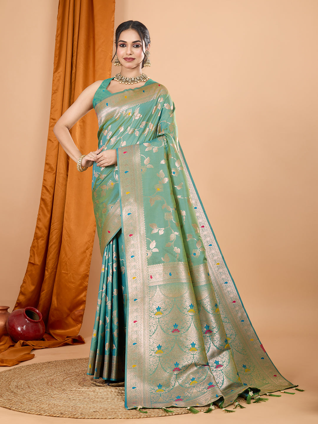 Dwija Fashion Green Party Wear Banarsi Silk With Jari Weaving Work Saree With Unstitched Blouse | Grocsy