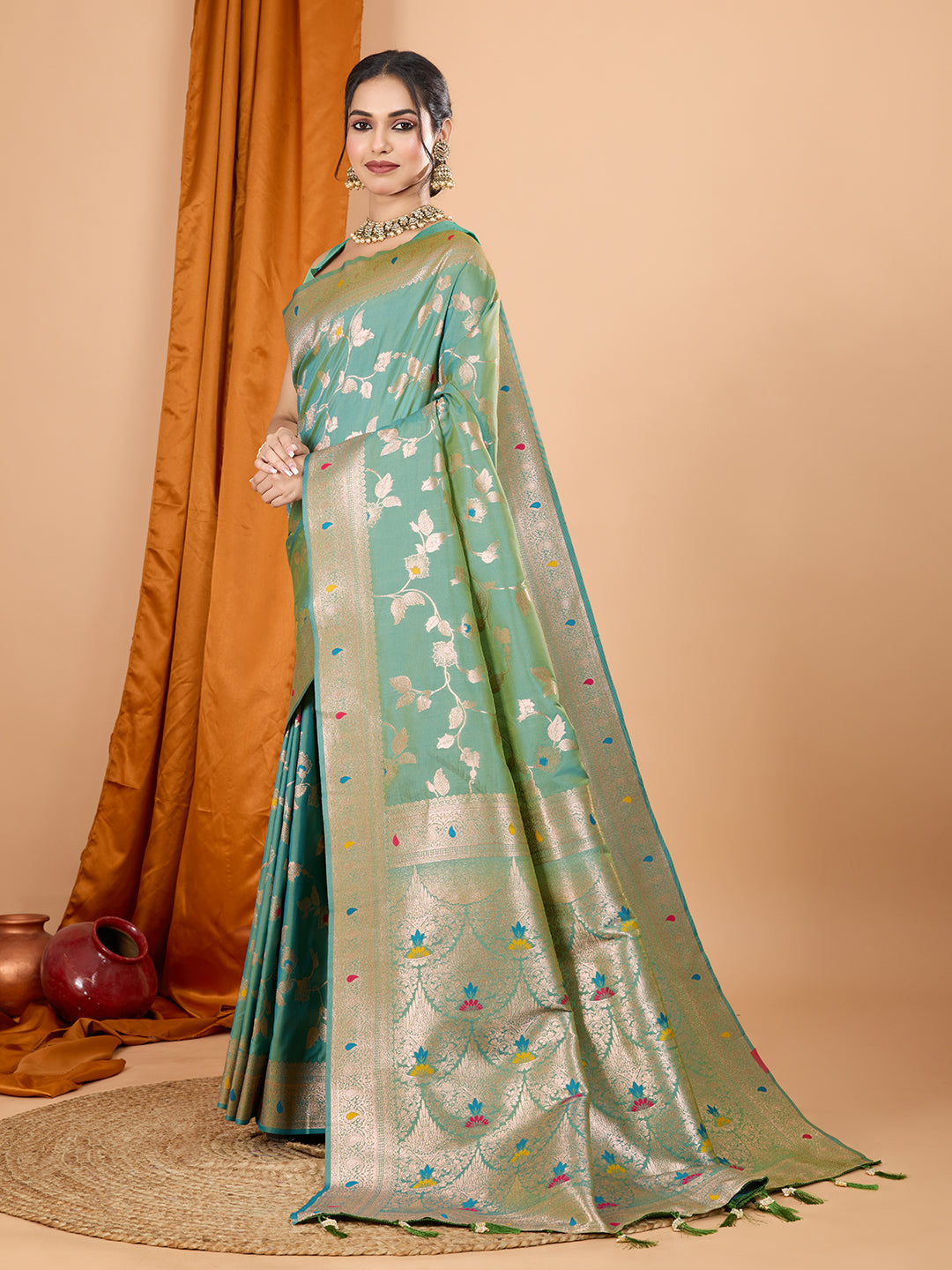 Dwija Fashion Green Party Wear Banarsi Silk With Jari Weaving Work Saree With Unstitched Blouse | Grocsy