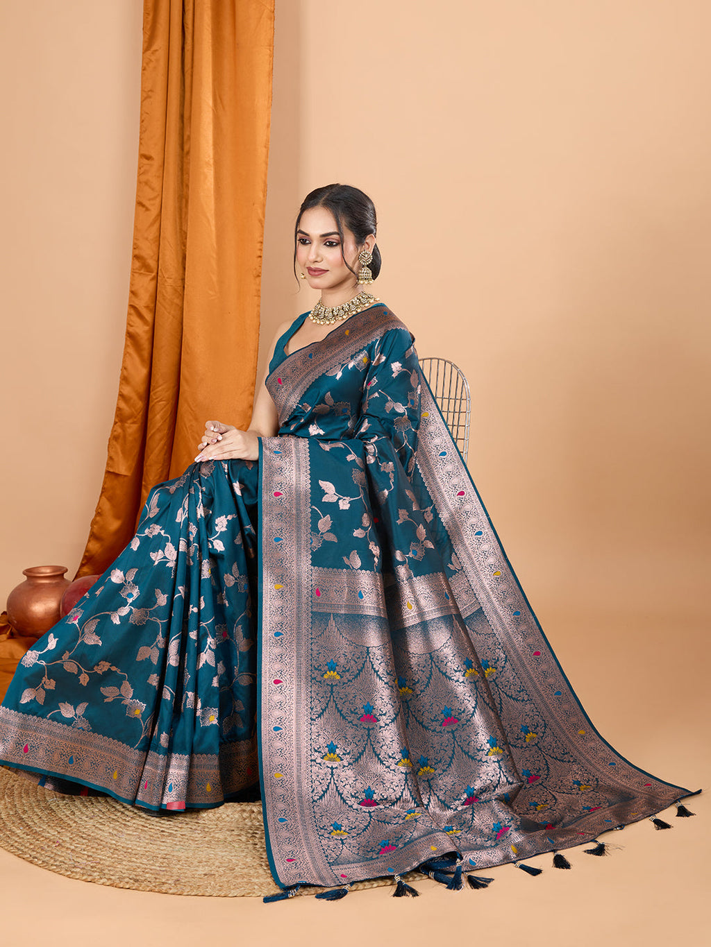 Dwija Fashion Teal Blue Party Wear Banarsi Silk With Jari Weaving Work Saree With Unstitched Blouse | Grocsy