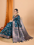 Dwija Fashion Teal Blue Party Wear Banarsi Silk With Jari Weaving Work Saree With Unstitched Blouse | Grocsy