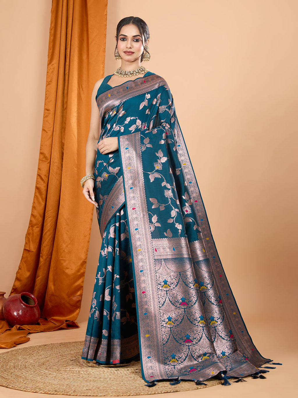 Dwija Fashion Teal Blue Party Wear Banarsi Silk With Jari Weaving Work Saree With Unstitched Blouse | Grocsy