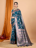 Dwija Fashion Teal Blue Party Wear Banarsi Silk With Jari Weaving Work Saree With Unstitched Blouse | Grocsy