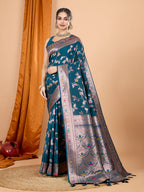 Dwija Fashion Teal Blue Party Wear Banarsi Silk With Jari Weaving Work Saree With Unstitched Blouse | Grocsy