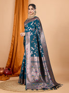 Dwija Fashion Teal Blue Party Wear Banarsi Silk With Jari Weaving Work Saree With Unstitched Blouse | Grocsy