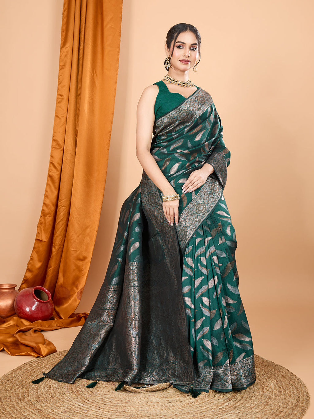 Dwija Fashion Deep Green Wedding Wear Pure Silk Jari Weaving Work Saree With Unstitched Blouse | Grocsy