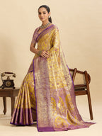 Dwija Fashion Yellow Wedding Wear Kanjivaram Silk Jari Weaving With Unstitched Blouse | Grocsy