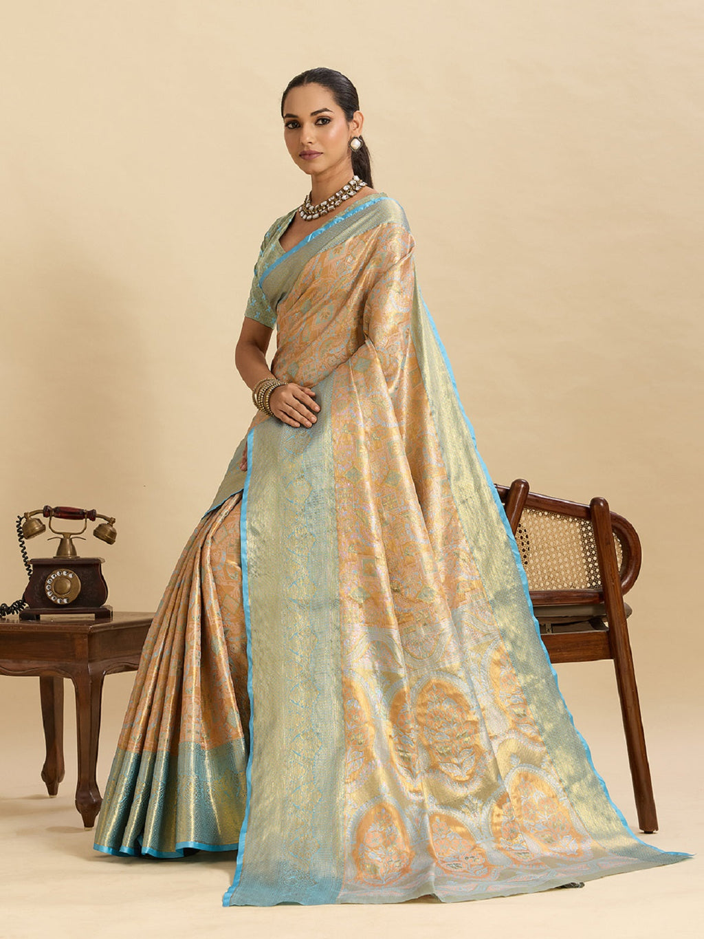 Dwija Fashion Beige Wedding Wear Kanjivaram Silk Jari Weaving With Unstitched Blouse | Grocsy