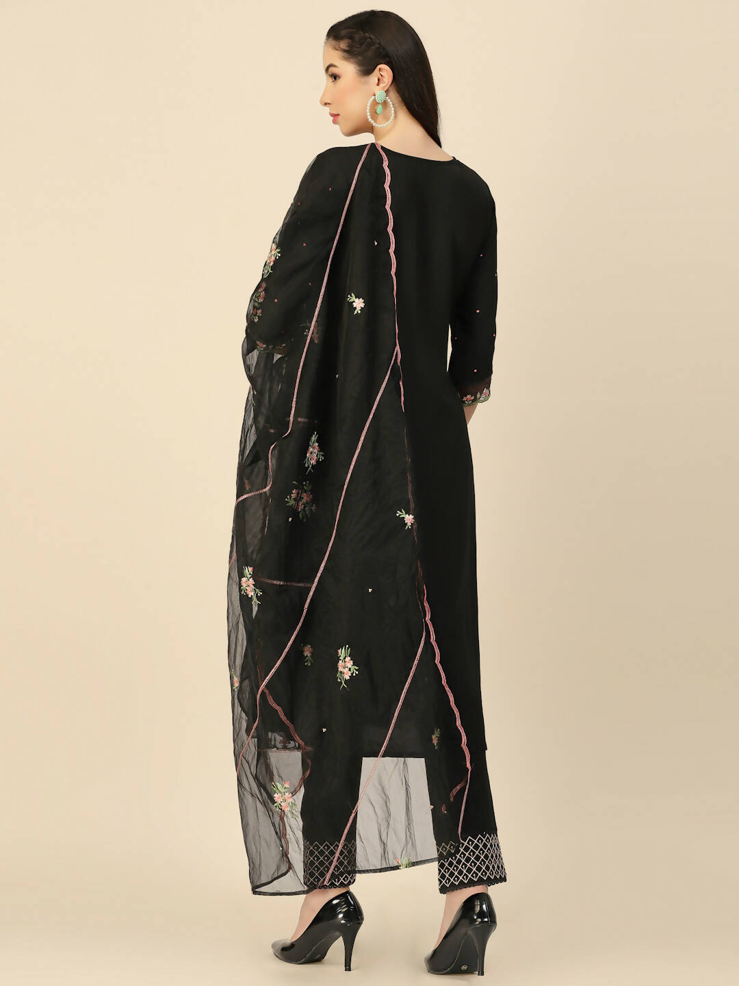 Black Embroidered Chinon Straight Kurta With Trouser & Dupatta - Salimar | Grocsy
