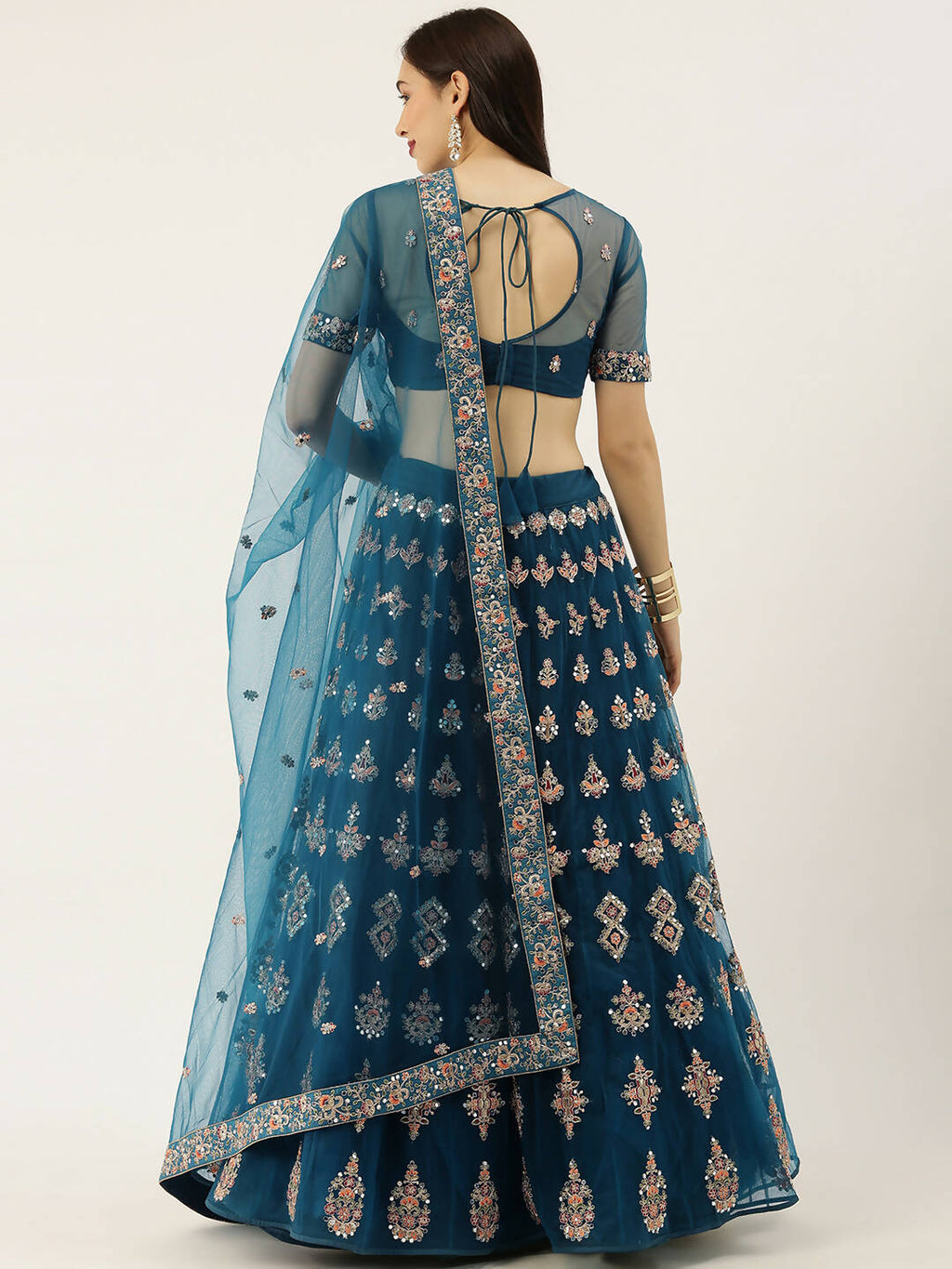House of Panchhi Teal Net Semi stitched Mirror and Coding Work Lehenga Choli | Grocsy