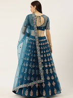 House of Panchhi Teal Net Semi stitched Mirror and Coding Work Lehenga Choli | Grocsy