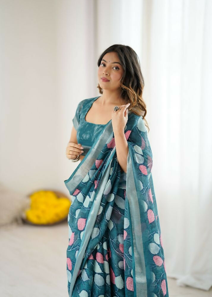 PR Fashion Morpich Linen Patta Printed Saree | Grocsy
