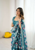 PR Fashion Morpich Linen Patta Printed Saree | Grocsy