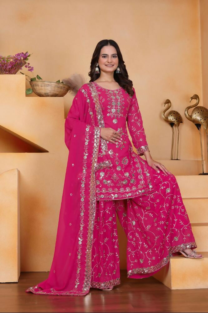 Lehenga Mart Designer Sharara Suit With Kurta, Sharara, Dupatta For Women-Rani Pink | Grocsy