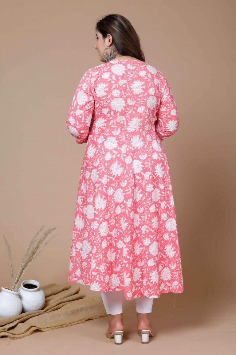 Miravan Women's Pink Plus Size Cotton Floral Printed Anarkali Kurta | Grocsy