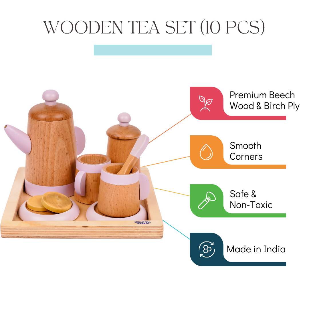 Nesta Toys Wooden Tea Set, Pretend Play Food Sets, Kitchen Toys (3+ Years) - 10 Pcs | Grocsy