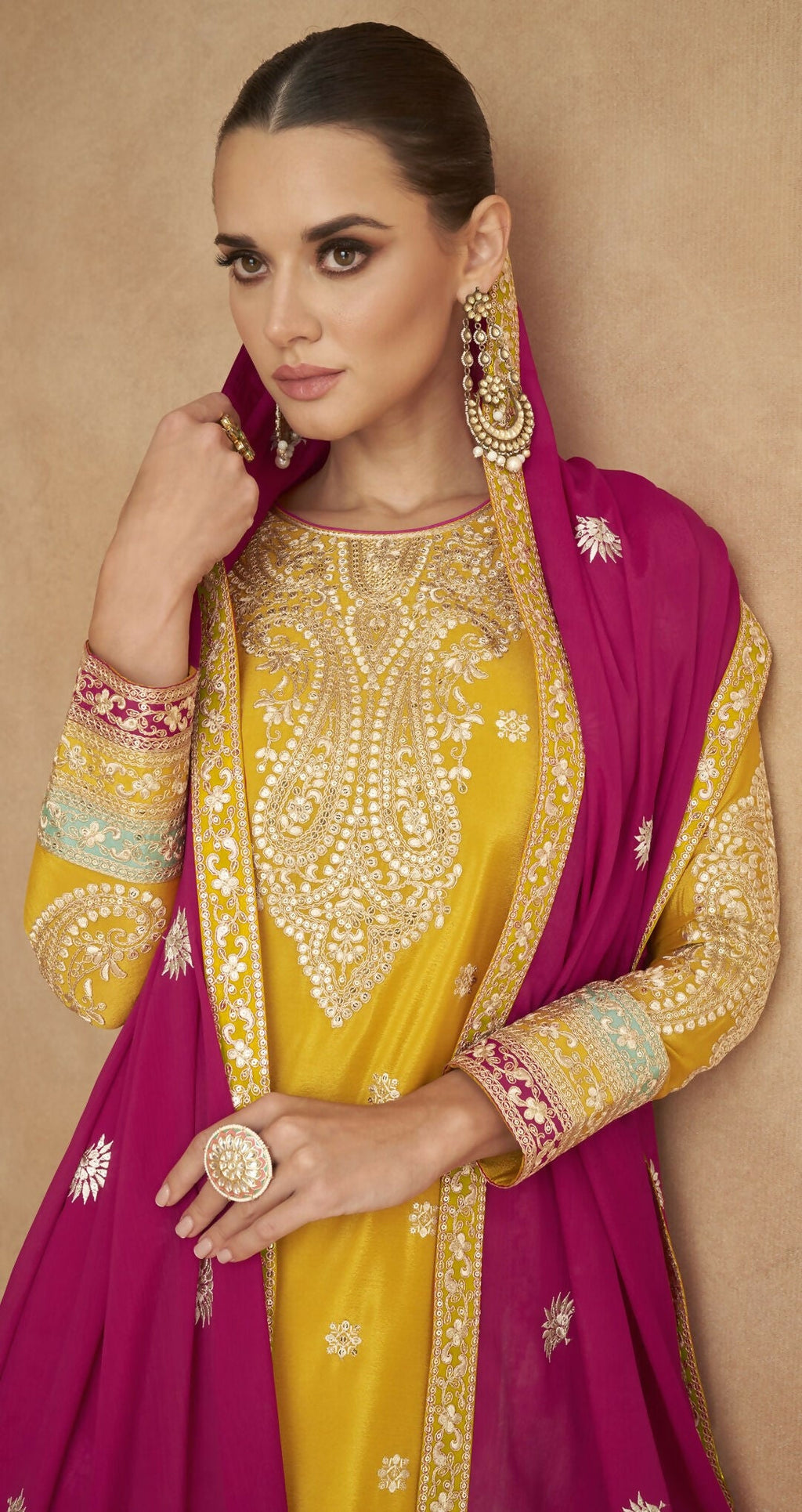 Anaita Yellow Chiffon Suit with Embroidery Coding Sequence Work | Grocsy