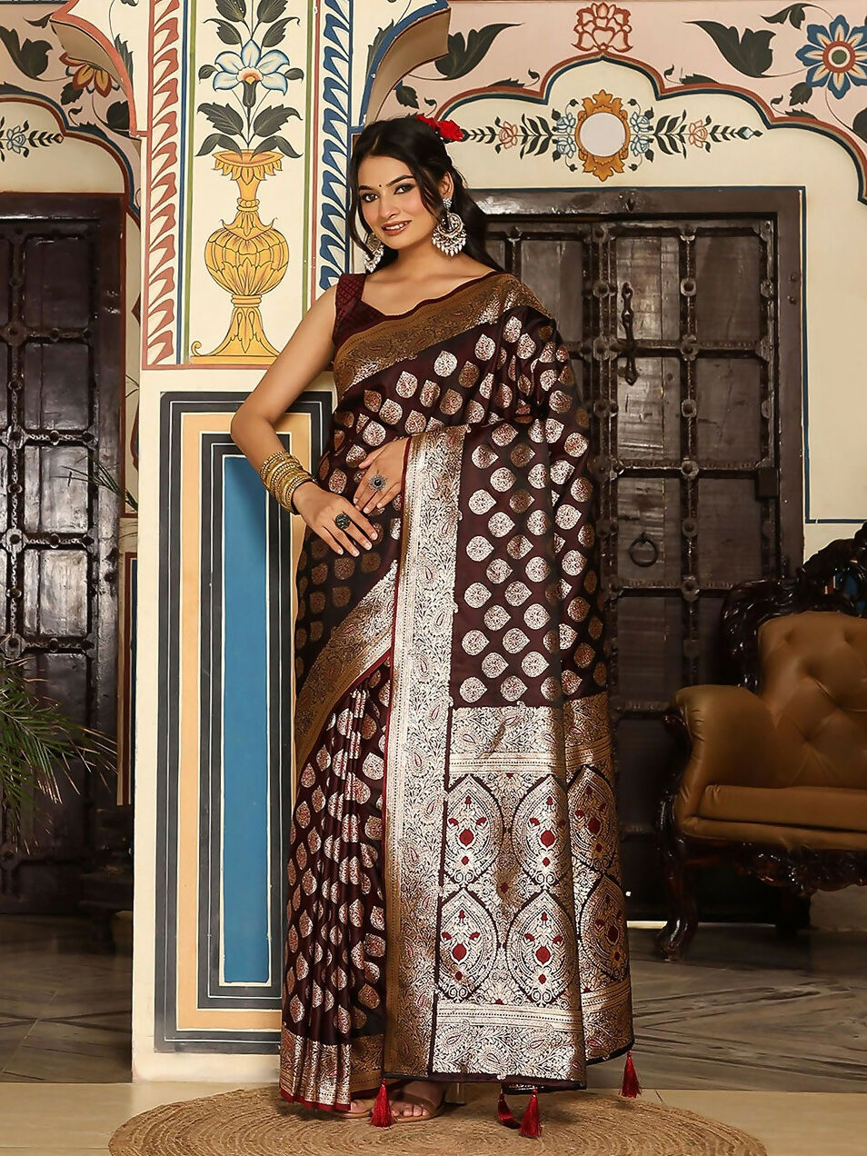 Shree Shyam Fashion Wine Silk Saree | Grocsy
