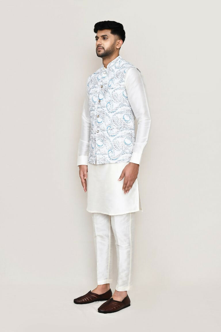 Joban Fashion White Colored Art Silk Fabric Kurta, Jacket With Straight Fit Pant | Grocsy