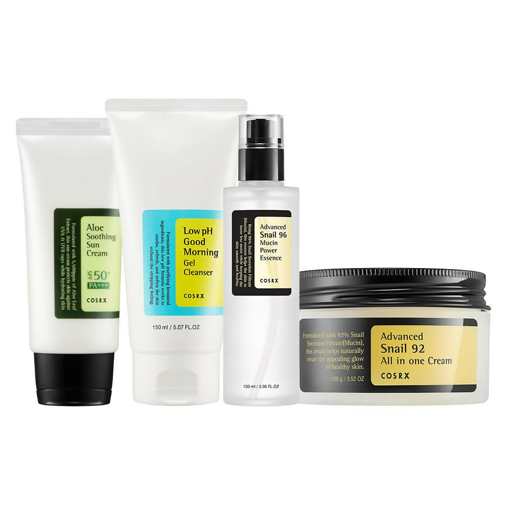 COSRX Daily Skincare Routine For Acne Prone & Clear Skin CSMS (Cleanser, Serum, Moisturizer, Sunscreen) Combo | Grocsy