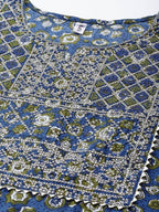 Yufta Blue & Green Printed Embroidered Kurta with Trouser and Dupatta Set | Grocsy